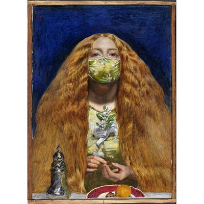 Greetings card - Fitzwilliam Museum Masterpieces 2020 Edition. The Bridesmaid by John Everett Millais, with face mask. From the Fitzwilliam Museum, brought to you by CuratingCambridge.co.uk